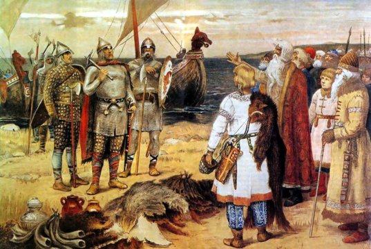 O Riurik varegos e seus irmãos e Sinite Truvor entram em contato com os eslavos. Autor Viktor Vasnetsov